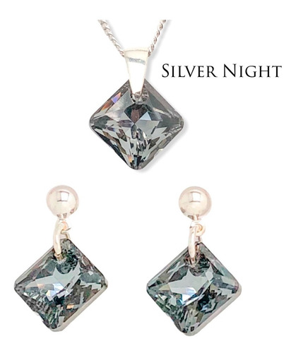 Conjunto Dije Cristal De Swarovski Cadena Y Aros 11 Mm Plata