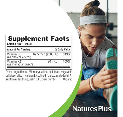 Natures Plus | Vitamina D3 Con K2, 90 Tabletas