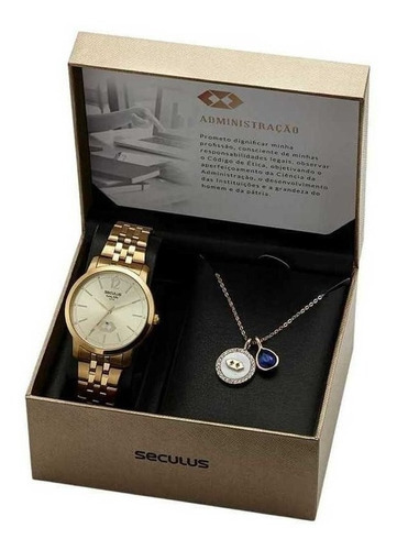 Relógio Seculus Feminino Adm + Colar Folheado Ouro18k Cor Da Correia Dourado Cor Do Bisel Dourado Cor Do Fundo Dourado