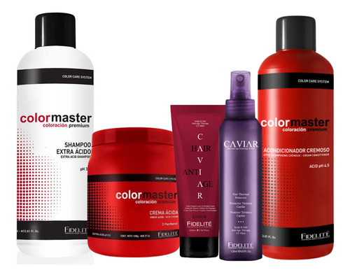 Kit Completo Fidelite Color Master Shampoo Acido 1000ml + Acondicionador Acido 1000ml + Crema Acida 1000gr + Crema De Peinar + Protector Termico Caviar 120ml Anti Frizz Brillo Supremo Cabellos Teñidos
