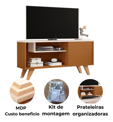 Rack Bancada Heitor Nature Tv 50 Polegadas Compacto Para Sala Com Porta E Prateleiras Pés De Madeira Maciça