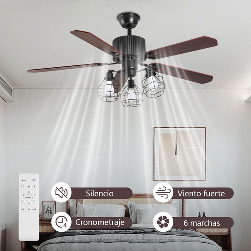 Ventilador Techo 52 Pulgadas Aspas Reversible Control Remoto 1.32 M 60hz Negro Marrón Madera 5