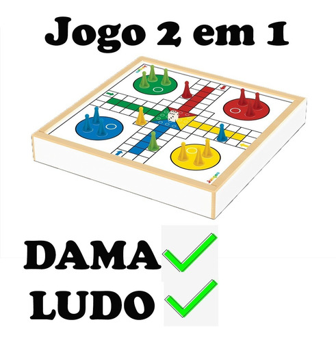 Kit Conjunto Jogos Damas E Ludo Jogo De Tabuleiro 2x1 com Estojo Madeira MDF Deluxe - Junges