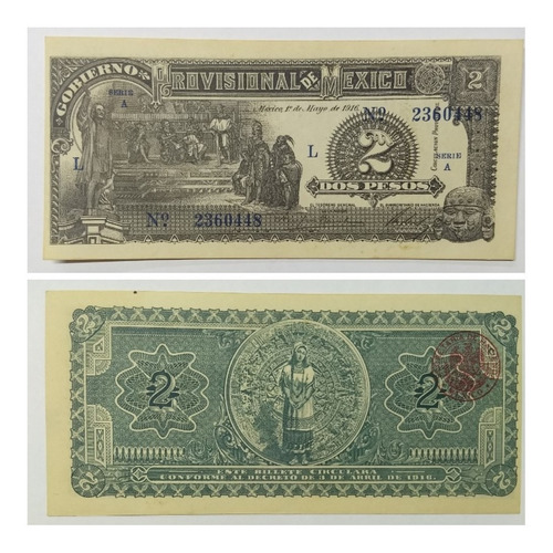 Billete Serie A, Gob. Prov. De México. Dos Pesos 1916. Xf. (Usado)