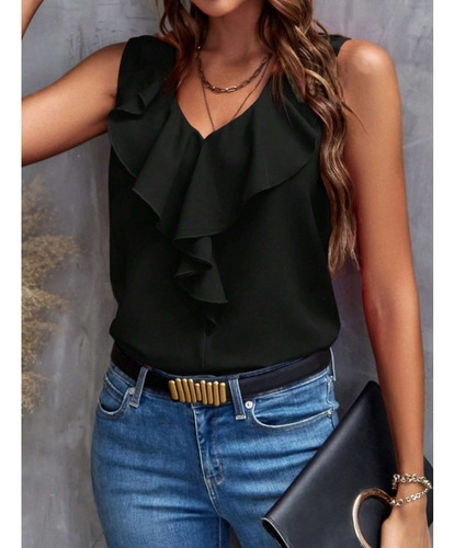 Blusas Lisas Sin Mangas Con Cuello En V Y Volantes