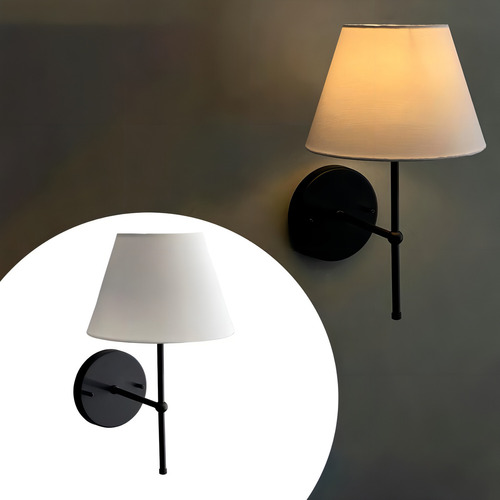 Arandela De Parede Preto Sala De Estar / Lateral De Cama / Quarto Em Aluminio Com Cupula Branco Tecido Algodao Soquete E27 Tensao Bivolt