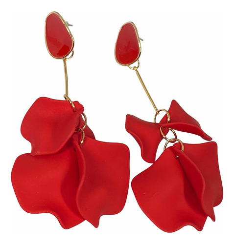 Aros Largos Pétalos Rojos Acrílicos Bañado En Oro Rojos