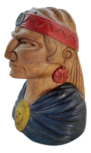Busto Cabeza Indio Aborigen Tallada En Madera Policromada Marrón (Usado)