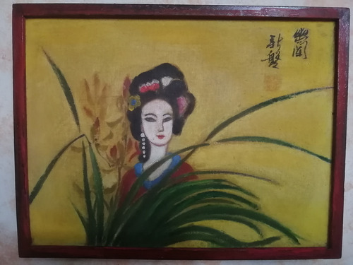 Cuadro Pintura En Tela Sobre Madera China Fengshui Vintage 