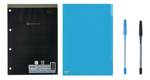 Kit Organizer Pasta L Az + Bloco A4 Pautado + Canetas Esf.