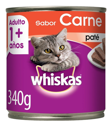Imagen 2 de 7 de Whiskas Alimento Húmedo Lata Gato Adulto Carne 340gr X12 Un