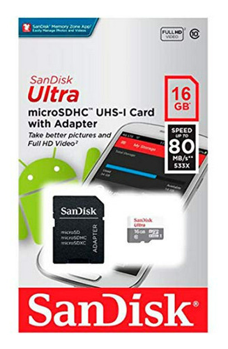 Tarjeta Microsd Sandisk Ultra 16gb 80mb/s + Adaptador Sdsqun