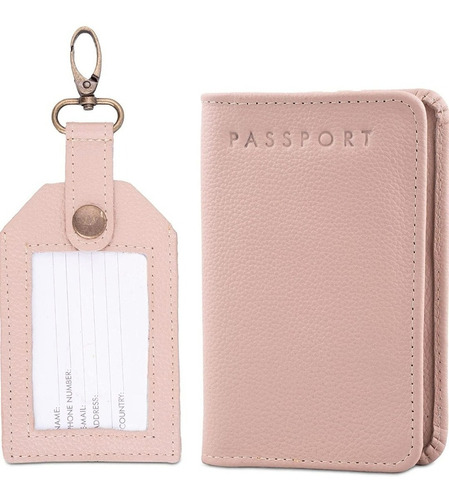 Porta Pasaporte + Tag De Maleta De Piel Tarjetero Color Rosa