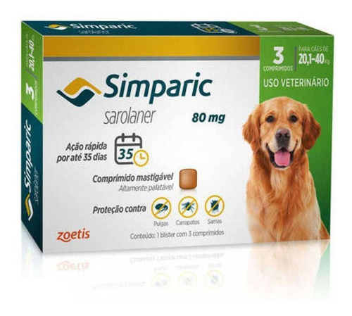 Simparic Antipulgas E Carrapatos Cães 20 A 40kg C/3 Compr.