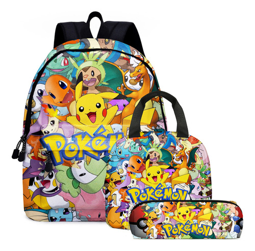 3pcs Pokémon Pikachu Mochila Escolar Lonchera Bolsa De Lápic