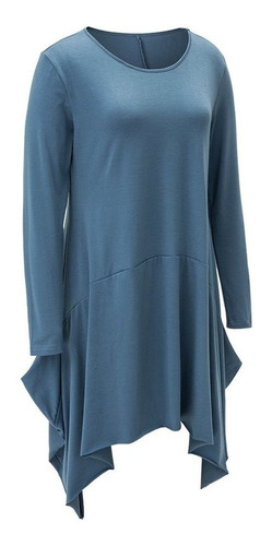 Manga Longa Senhora Vestido Assimétrico Hem Redondo Pescoço