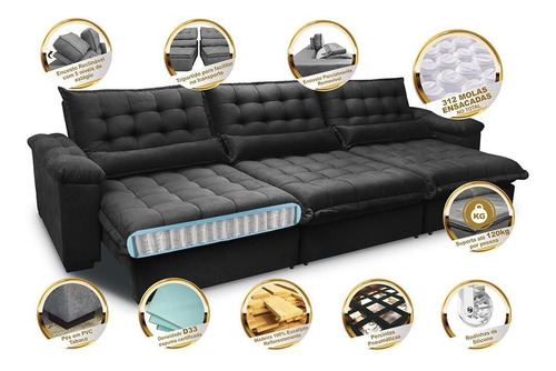 Sofá Retrátil e Reclinável 3,22m com Molas Ensacadas Cama inBox Aconchego Tecido Suede Preto