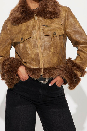 Campera Cuero Y Pelo Sintético Talle M Marrón Claro