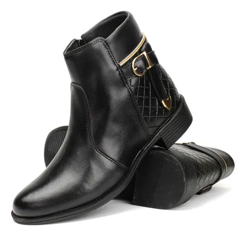 Bota Feminina De Couro Coturno Cano Baixo Com Zíper Promoção