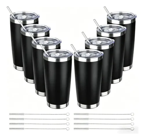 Termo 20 Oz Acero Inoxidable Popote Cepillo Paquete 8 Piezas Negro
