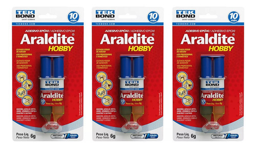 3 Adesivo Cola Araldite Hobby Epoxi Seringa 10min 6g Tekbond Cor Amarelo/Azul