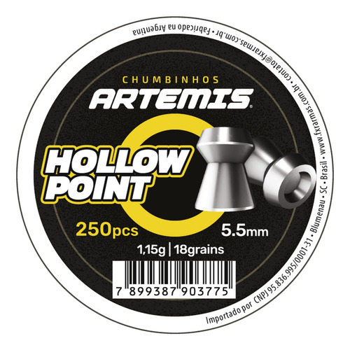 Chumbinho 5,5mm Artemis Hollow Point 1.15g 18grain Ponta Oca