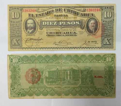 Billete Revolución Mex. 10 Pesos. Estado De Chihuahua. 1915.