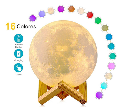 Lámpara Luna 3d 16 Colores Lampara Velador Led Con Control