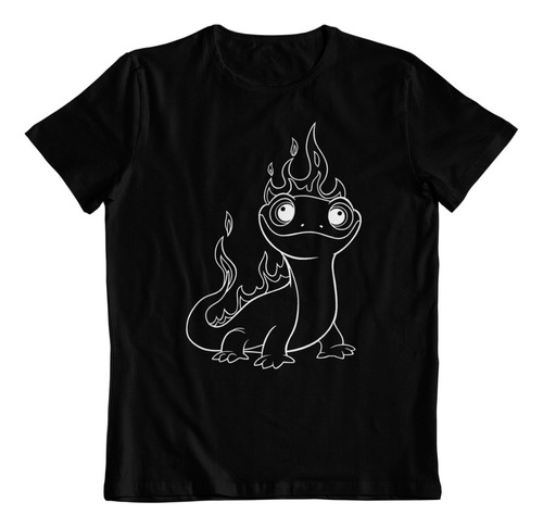 Polera Negra Algodon - Dtf - Gekko Flamas Salamandra Art