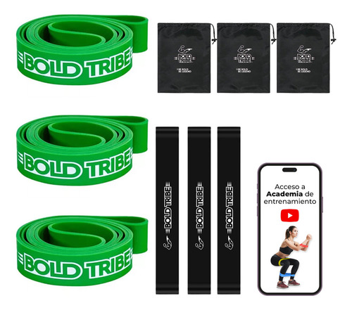 Kit 3 Ligas Bandas Resistencia Pull Ups Crossfit Verde #4 + 7 Bonos Calistenia Mma Box Elasticas Ejercicio Tapout