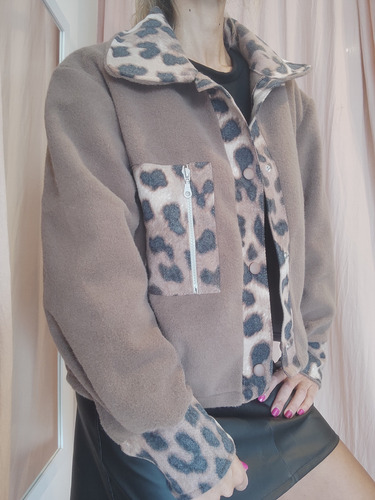Saco Chaqueta Paño Corto Animal Print Abrigado Bolsillo