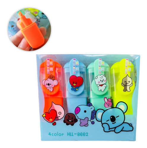 Mini Resaltadores Fluo X4 Bts Bt21 Kawaii 7cm + Stickers