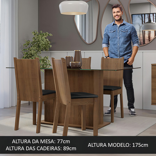 Sala De Jantar Mesa Tampo De Vidro 4 Cadeiras Espanha Madesa Cor Rustic/preto