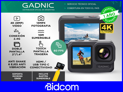 Imagen 2 de 10 de Camara Deportiva 4k Doble Pantalla Gadnic Wifi Sumergible