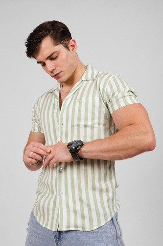 Camisa Tropikl Hawaiana Harmony Slim Fit Noche Verde Blanco