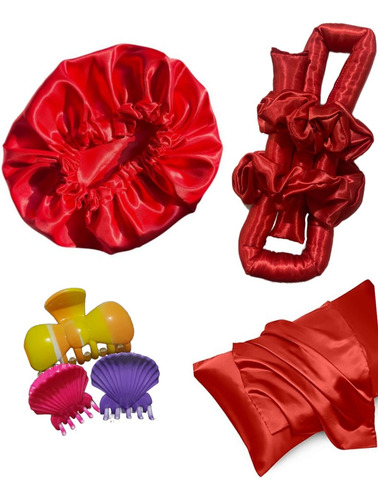Set Ondas Sin Calor+broche+funda De Almohada+cofia Antifrizz Rojo