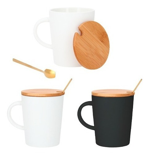 Taza De Cerámica Con Tapa De Bambú Y Cucharilla