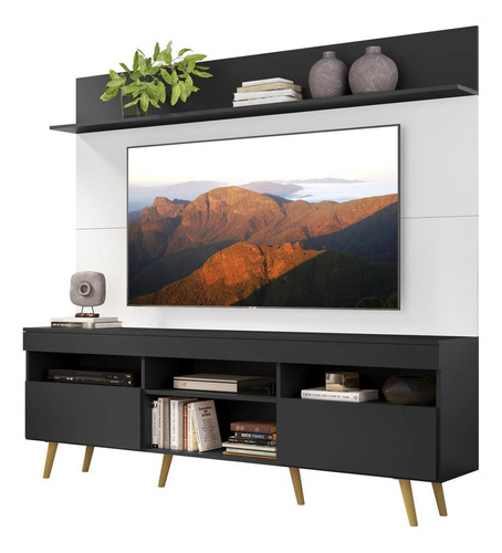 Rack Retrô Com Painel Tv 65  Madri Multimóveis V3371 Pr Cor Preto/Branco/Natural