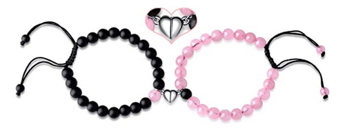 Pulsera Pareja Cuarzo Rosa-onix Iman + Estuche Gamushop