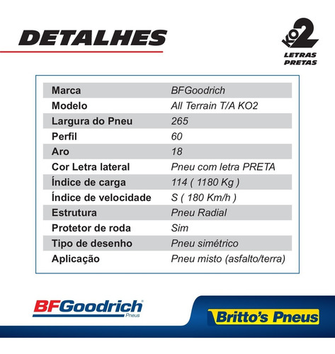 Imagem 5 de 10 de Kit 4 Pneus Aro 18 Bf Goodrich All-terrain Ko2 - 265/60 R18