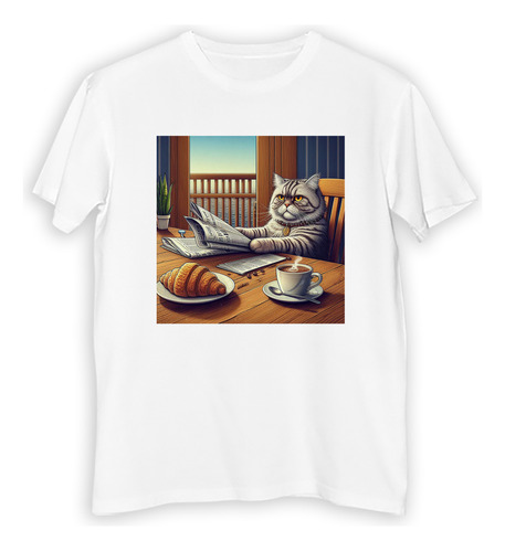 Remera Niño Gato Enojado Leyendo El Diario Con Cafe