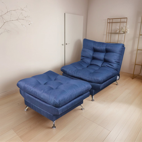 Sillón Con Taburete Futon Individual Sofa Cama Lino Hueso