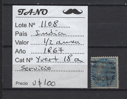 Lote1108 India 1/2 Anna Año 1867 Yvert# 18a Servicio Tasas