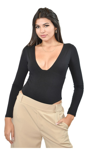 Body Manga Larga Escote Profundo Negro Lisa L