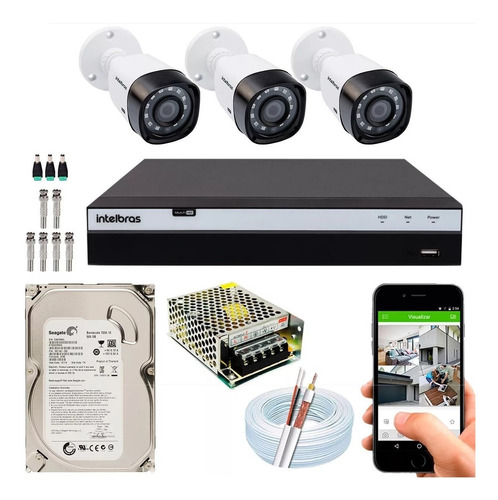 Kit Cftv 3 Câmeras Multi Hd 1080p Dvr Intelbras Mhdx 1104