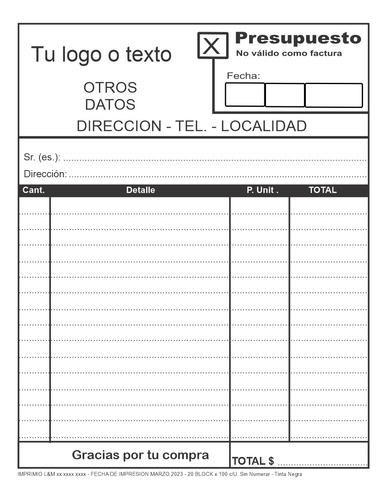 50 Talonarios Presupuesto - Nota Pedido - Comprobante 17x22