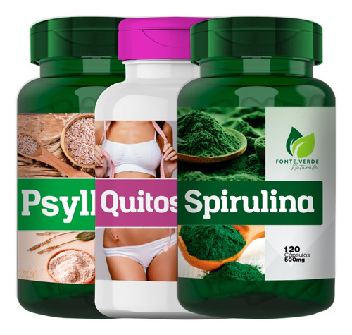 Kit Psyllium + Quitosana + Spirulina Natural 120 Cáps P Pote Sabor Sem Sabor