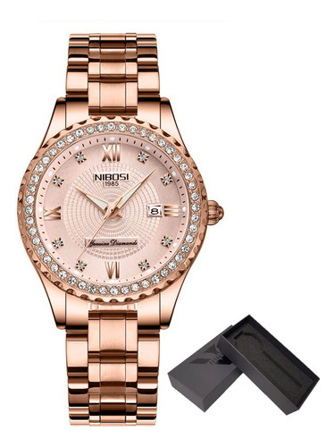 Relojes de lujo con color de fondo rosa de diamante luminoso con calendario Nibosi