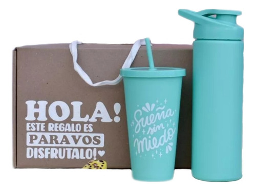 Box Regalo Botella Y Vaso Con Sorbete/ Aqua/ Frase/ Teen