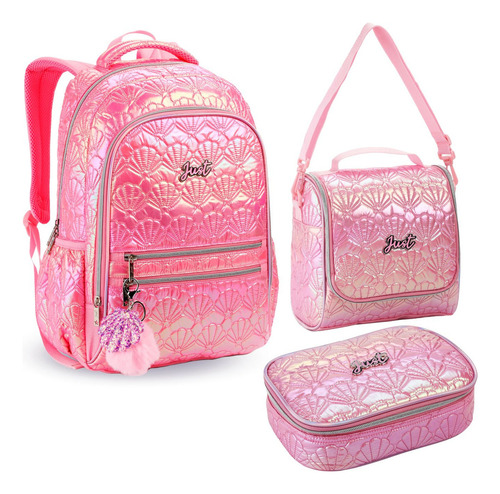 Mochila Escolar Lancheira E Estojo Menina Concha Sereia Cor Rosa